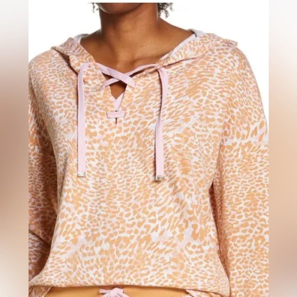NWT Laila Ali lace up hoodie tan & pink animal print w/metallic embroidery. Sz S